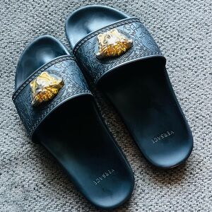Versace Black Slides with Gold Medusa Accent